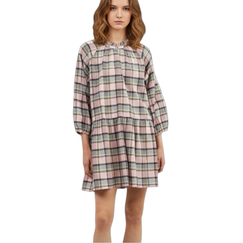 Apiece Apart Laguna Pink Green Plaid Tiered Cotton Mini Dress